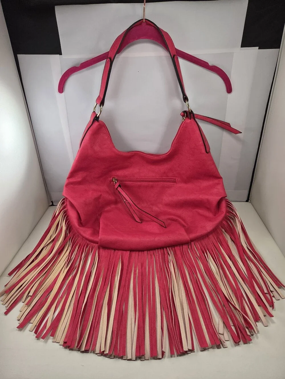 Yoki Hot Pink Fringe Faux Leather Boho Hobo Bag